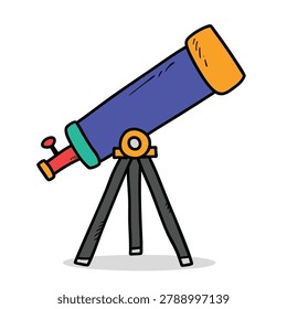 A vibrant hand drawn cartoon style illustration of an astronomical telescope mounted on a tripod stand isolated on a white background