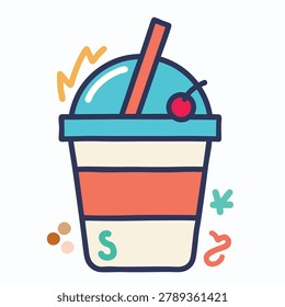A vibrant hand drawn cartoon style cup of iced beverage featuring a bright blue lid, an orange straw, and a cherry topping with decorative graphic elements
