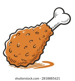 A vibrant hand drawn cartoon style illustration of a golden brown crispy fried chicken leg with a visible bone isolated on a white background.
