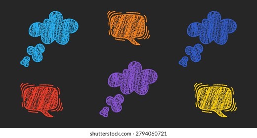 Vibrant hand drawn chalk cloud thought bubbles mixed with speech bubbles on black background. Playful colorful set of unique comic dialogue shapes in childish scribble style.