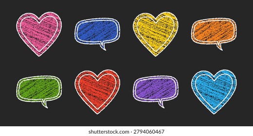 Vibrant hand drawn chalk hearts mixed with speech bubbles on black background. Playful colorful set of unique comic dialogue and love shapes in childish scribble style.