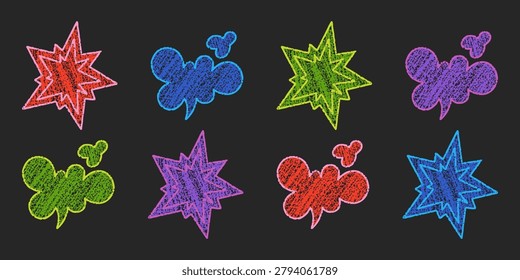 Vibrant hand drawn chalk starbursts mixed with thought cloud bubbles on black background. Playful colorful set of unique comic dialogue and star shapes in childish scribble style.