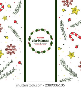 Vibrant hand drawn christmas card festive card design with stars bulb snow leave and christmas ring. merry christmas