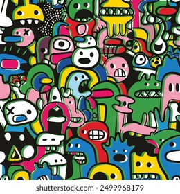 A vibrant hand drawn doodle illustration in offset style featuring colorful monster characters with expressive faces in a playful and chaotic design.
