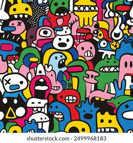 A vibrant hand drawn doodle illustration in offset style featuring colorful monster characters with expressive faces in a playful and chaotic design