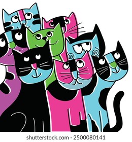 A vibrant hand drawn doodle illustration in offset style featuring colorful cat characters with expressive faces in a playful design.
