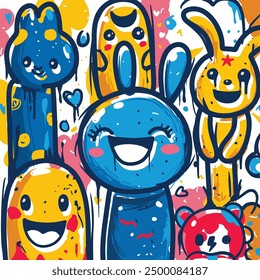 A vibrant hand drawn doodle illustration in offset style featuring colorful bunny and character designs with expressive faces in a playful pattern.
