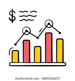 A vibrant hand drawn doodle style icon of a financial growth chart.