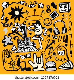 Vibrant hand drawn doodles featuring energetic symbols like headphones, cityscape, arrows, smiley faces, and quirky characters on a bold yellow background.