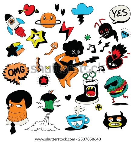 Vibrant hand drawn doodles featuring cool characters, musical elements, and quirky icons like a burger and rocket, isolated on white background