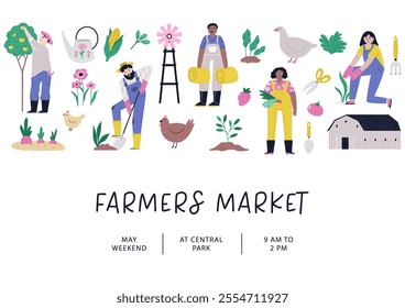 Vibrant hand drawn farmers market poster. Vector banner, templates for agricultural fair, agricultural festival