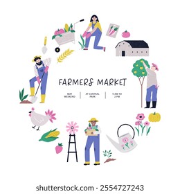 Vibrant hand drawn farmers market circle poster. Vector banner, templates for agricultural fair, agricultural festival