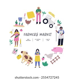 Vibrant hand drawn farmers market circle poster. Vector banner, templates for agricultural fair, agricultural festival