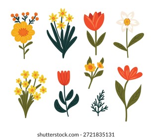 Elementos florais vibrantes desenhados à mão
