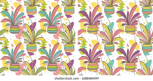 Vibrant hand drawn flower pots and doodles, seamless pattern set