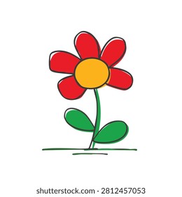 A vibrant hand drawn flower with red petals a yellow center and green leaves on a simple ground line