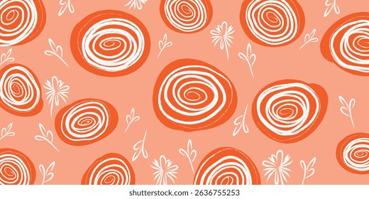 Vibrant hand drawn flowers in a seamless pattern, featuring playful spirals and delicate blooms on a warm orange background. Ideal for fabric, textiles, clothing, wrapping paper, covers