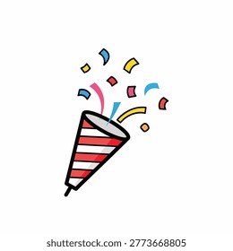 A vibrant hand drawn illustration of a red and white striped party popper releasing colorful confetti bits for celebration and festive occasions