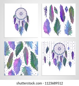 Vibrant hand drawn pink, blue, green feathers and dreamcatchers, set of cards and seamless pattern with floral details, vector illustration boho design, can be used for invitation, postcard.