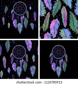 Vibrant hand drawn pink, blue, green feathers and dreamcatchers on black background, set of cards and seamless pattern, vector illustration boho design, can be used for invitation, poster.