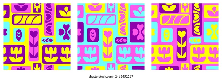 Vibrantes patrones sin costuras dibujados a mano. Fondos estéticos modernos. Estampados de Vector estilizado floral. Fondos brillantes fluorescentes del verano. Tejido de Naturaleza con flores y hojas.