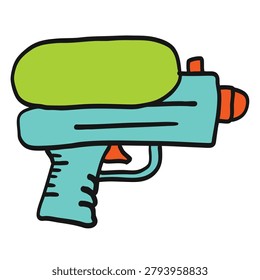 A vibrant hand drawn sketch of a blue and green water gun toy with orange details isolated on a white background