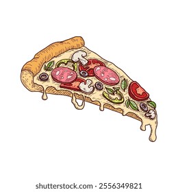 Vibrant hand drawn sketch of pizza slice with detailed shading and bright colors. Melted cheese, pepperoni, mushrooms, olives, basil, and tomatoes on delicious pizza. Engraving vector illustration.