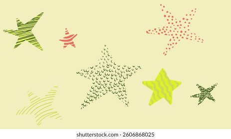 Vibrant hand drawn stars clustering in playful patterns, spreading joyful energy across festive graphic design backgrounds