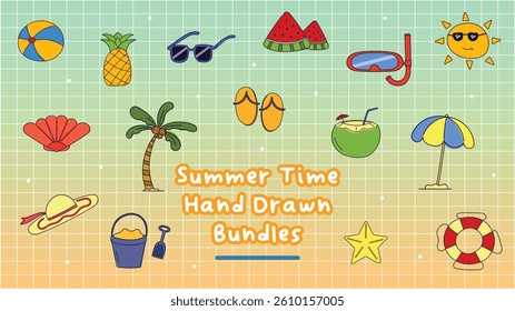 Vibrant hand drawn summer elements like beach balls, fruits, palm trees, and sun icons on a soft gradient grid. PNG format ideal for vacation graphics, posters, and kids’ summer activity kits.