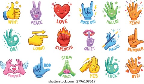 Vibrant hand gesture stickers with different expressions and symbols on white background, including thumbs up, peace signs, hearts, and more.