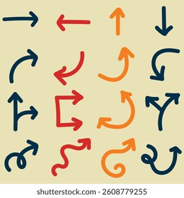 Flechas dibujadas a mano vibrantes en azul, rojo y naranja sobre un fondo beige claro. Ideal para ilustrar la dirección, las opciones, la navegación y el movimiento en los diseños.