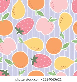 Vibrant hand-drawn cartoon fruit pattern featuring juicy oranges and strawberries. Playful and cute seamless background in a colorful flat style. Perfect for adding a fresh and whimsical touch to desi