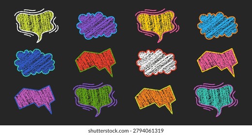 Vibrant hand-drawn chalk speech bubbles with rough crayon texture on black background. Playful colorful set of unique comic dialogue shapes in childish scribble style.