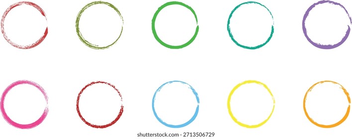 Vibrante conjunto de marcos circulares dibujados a mano con contornos redondos de pinceladas de colores en un estilo doodle, perfecto para logotipos, etiquetas, publicaciones en redes sociales, marcas y proyectos de Diseño gráfico modernos.