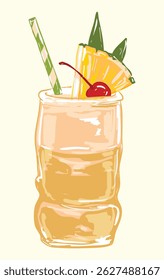 Vibrant hand-drawn Piña Colada in a tiki glass with cherry, pineapple, and straw. Great for bar menus, summer party invites, tropical prints, or cocktail blog content.