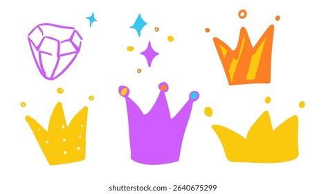 Vibrant handdrawn crowns and gem illustration in playful colors. Includes sparkles and dots on a white background, ideal for fantasy or royal themes.