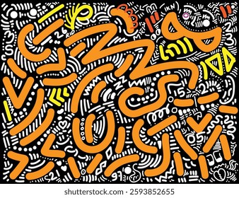 A vibrant hand-drawn doodle artwork with energetic abstract strokes, playful symbols, and bold colors. Inspired by street art and graffiti, this composition blends spontaneity with artistic expressio