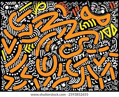 A vibrant hand-drawn doodle artwork with energetic abstract strokes, playful symbols, and bold colors. Inspired by street art and graffiti, this composition blends spontaneity with artistic expressio