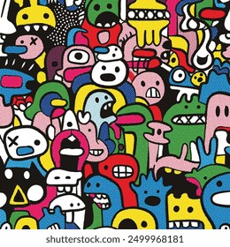 A vibrant hand-drawn doodle collage in halftone style featuring a variety of colorful monster characters with expressive faces in a playful pattern.
