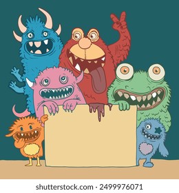 A vibrant hand-drawn doodle illustration in offset style featuring colorful monster characters holding a blank sign with expressive faces in a playful design.
