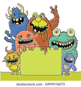 A vibrant hand-drawn doodle illustration in offset style featuring colorful monster characters holding a blank sign with expressive faces in a playful design.
