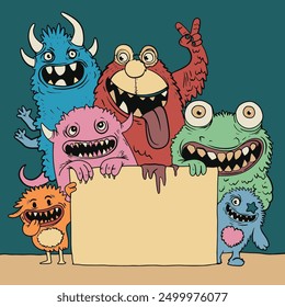 A vibrant hand-drawn doodle illustration in offset style featuring colorful monster characters holding a blank sign with expressive faces in a playful design.
