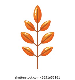 Uma vibrante ilustração de doodle desenhado à mão de um ramo de árvore estilizado com folhas de outono laranja brilhante. Alegre e colorido, este trabalho de arte digital captura a essência do outono e é perfeito para temporada