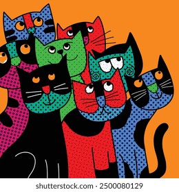 Vibrant hand-drawn doodle illustrations in halftone style featuring colorful cat characters with expressive faces in a playful design.
