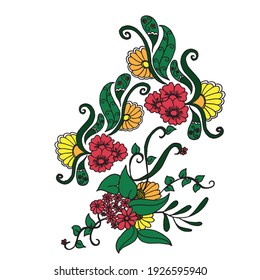 Vibrant hand-drawn floral pattern in green, red, and yellow colors against a white background. Perfect for decorative designs, nature-themed illustrations, or colorful patterns