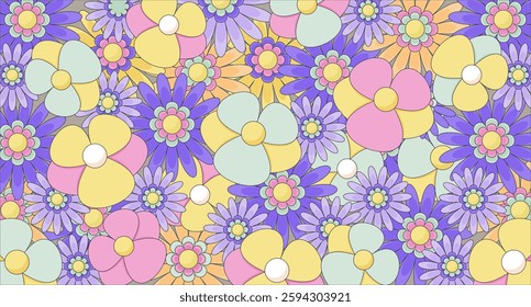 Vibrant hand-drawn floral pattern in Lo-Fi aesthetic flat illustration background. Flowers nostalgic delicate petals, harmonious vintage botanical 2D cartoon backdrop. Colorful scene vector art image