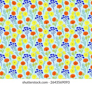 Vibrant, hand-drawn floral seamless pattern showcasing colorful orange, yellow, and blue flowers. This artistic botanical design is perfect for textiles, wallpapers, and surface pattern applications.