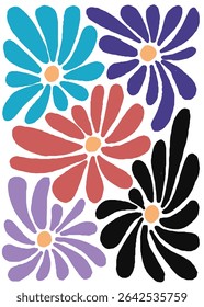 Vibrant Hand-Drawn Flowers in Bright Pastel Colors on White Background
