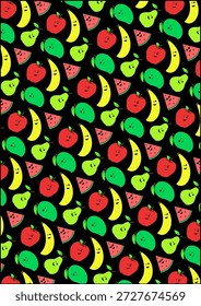 Patrón de ilustración de fruta dibujado a mano vibrante con estallidos de color sobre un fondo negro oscuro.
