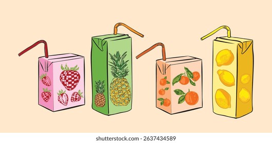 Vibrant hand-drawn fruit juice box illustration featuring strawberry, pineapple, orange, and lemon flavors. Playful vintage packaging art perfect for branding, print, or digital design.